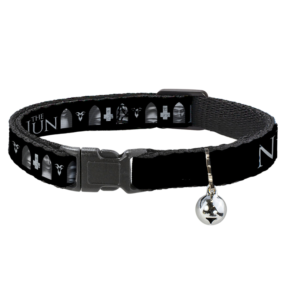 Breakaway Cat Collar with Bell - THE NUN Demon Nun Valak Face with Icons and Title Logo Black/Grays Cat Collars Breakaway Side Release The Nun