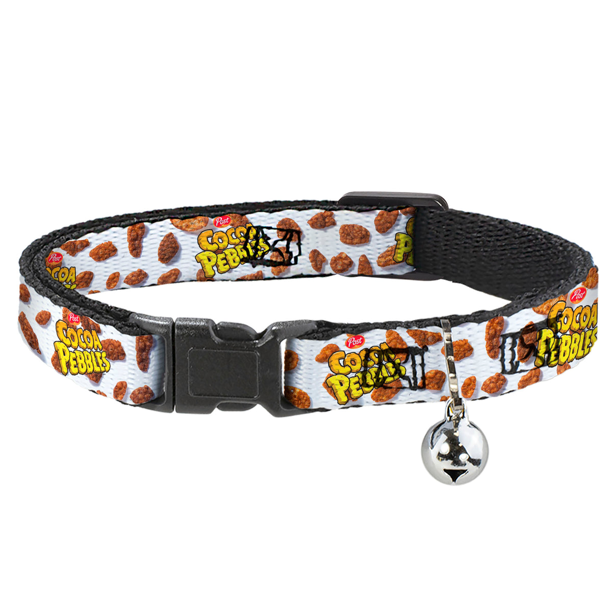 Breakaway Cat Collar with Bell - POST COCOA PEBBLES Logo and Cereal Pebbles Scattered White/Browns Cat Collars Breakaway Side Release The Flintstones