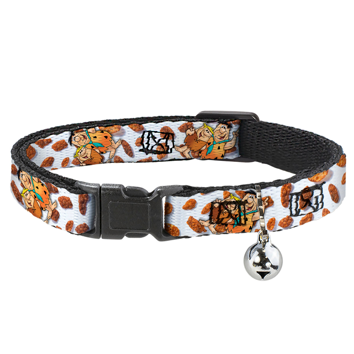Breakaway Cat Collar with Bell - Cocoa Pebbles Fred Flintstone and Barney Rubble Hugging Pose and Cereal Pebbles Scattered White/Browns Cat Collars Breakaway Side Release The Flintstones
