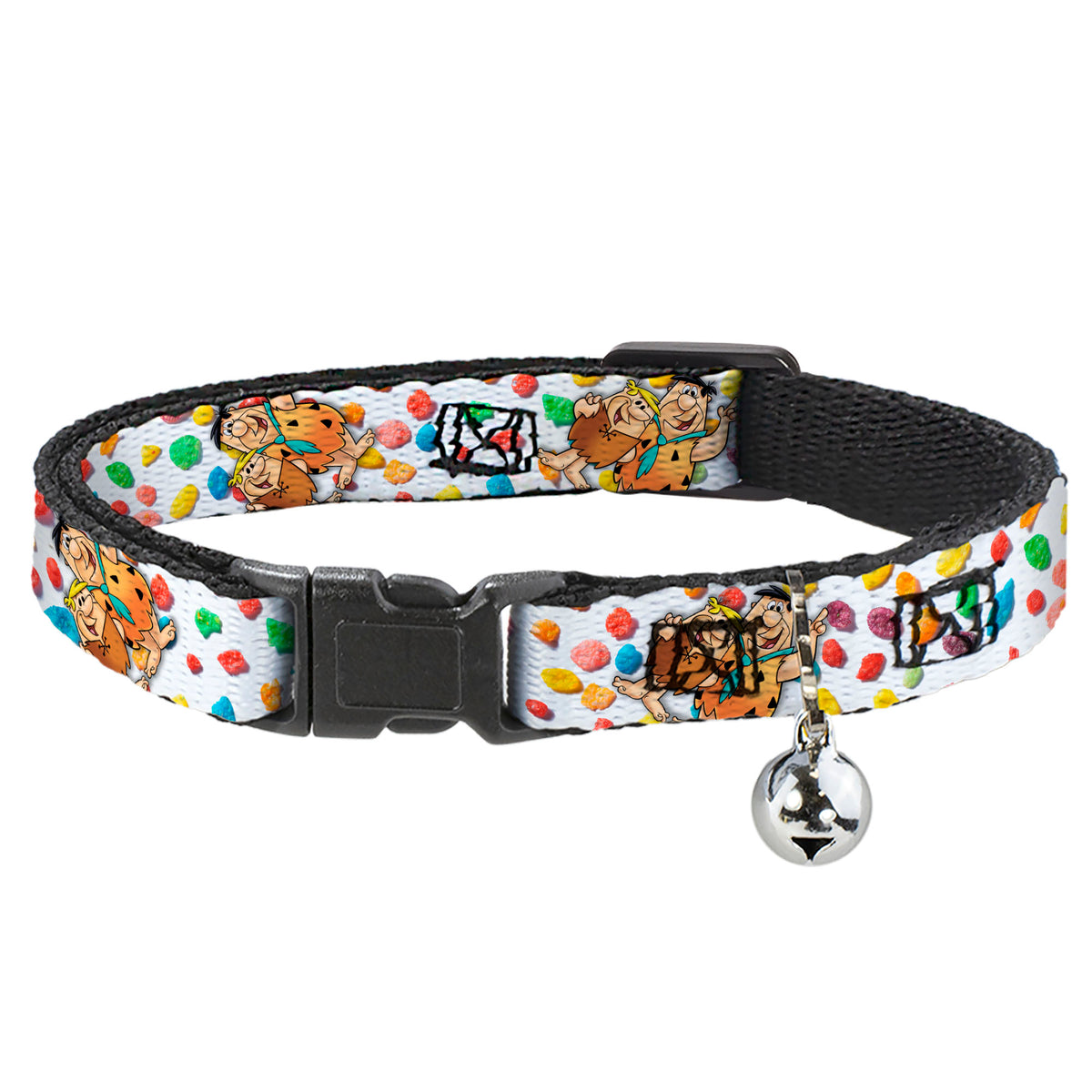 Breakaway Cat Collar with Bell - Fruity Pebbles Fred Flintstone and Barney Rubble Hugging Pose and Cereal Pebbles Scattered White/Multi Color Cat Collars Breakaway Side Release The Flintstones