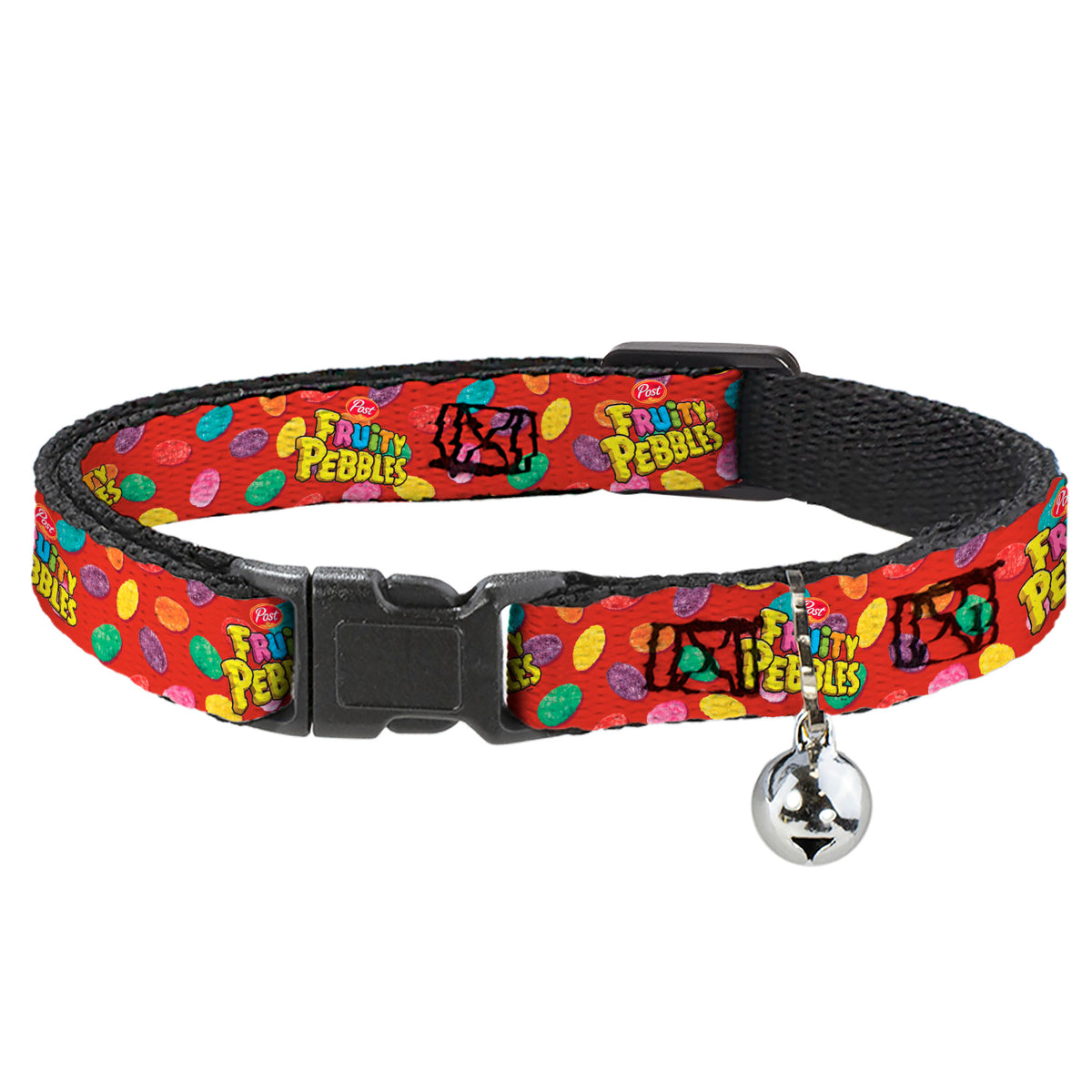Breakaway Cat Collar with Bell - POST FRUITY PEBBLES Logo and Cereal Pebbles Scattered Red/Multi Color Cat Collars Breakaway Side Release The Flintstones