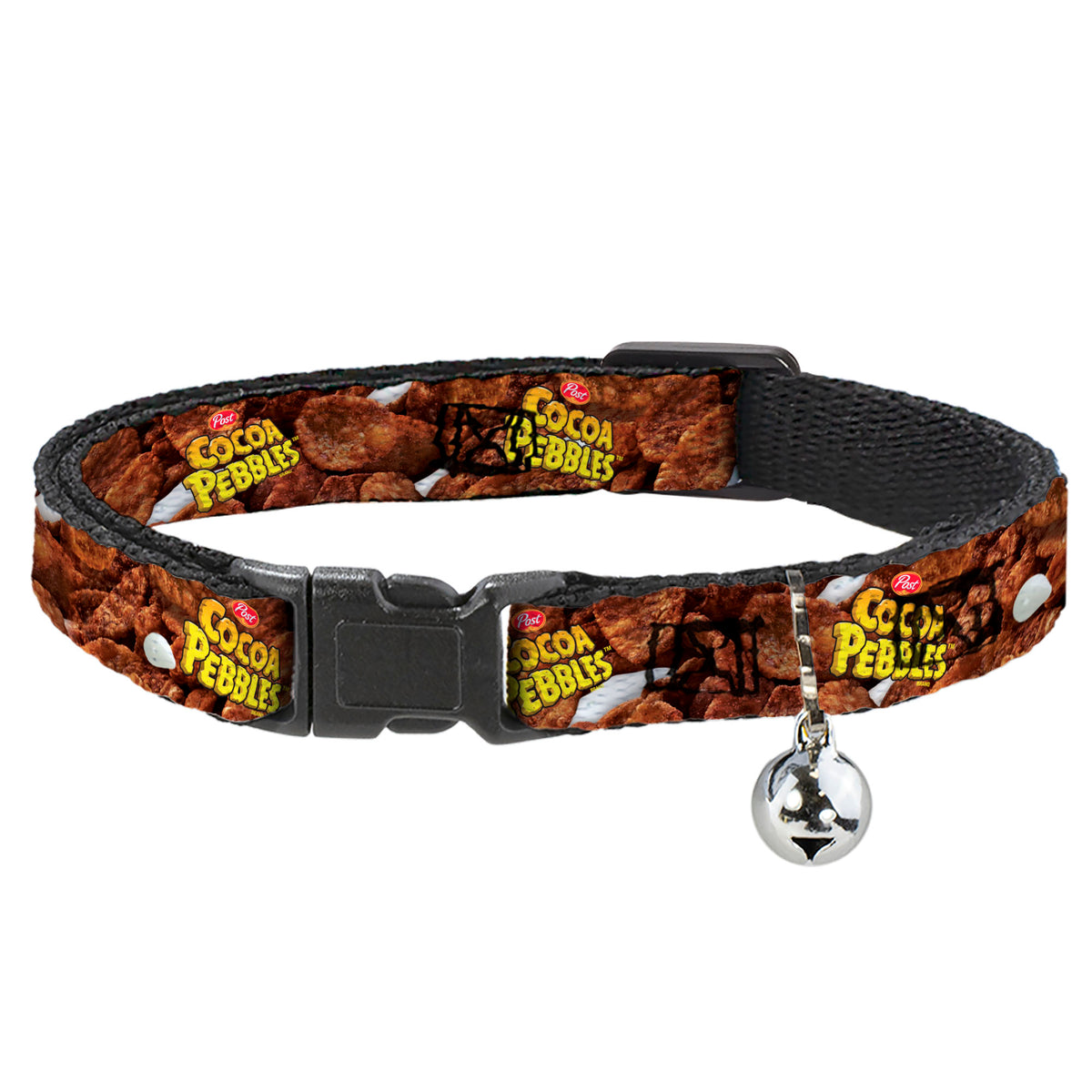 Breakaway Cat Collar with Bell - POST COCOA PEBBLES Logo and Vivid Cereal Browns Cat Collars Breakaway Side Release The Flintstones