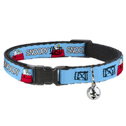 Breakaway Cat Collar with Bell - Peanuts Snoopy and Woodstock Dog House Pose and Text Sky Blue Cat Collars Breakaway Side Release Peanuts