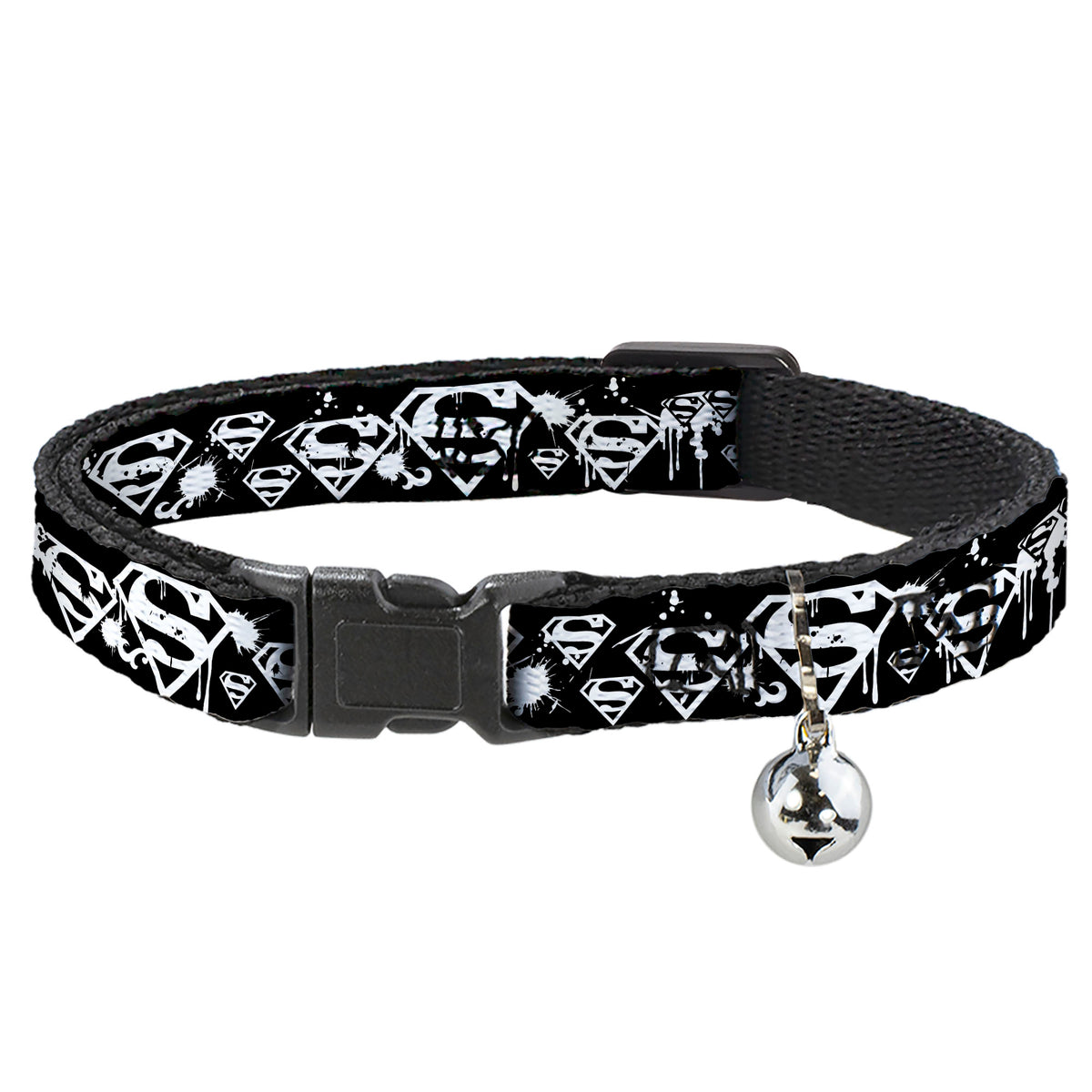 Cat Collar Breakaway - Superman Shield Splatter Black White Cat Collars Breakaway Side Release DC Comics
