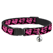 Cat Collar Breakaway - Diagonal Superman Logo w Hearts Black Pink Cat Collars Breakaway Side Release DC Comics