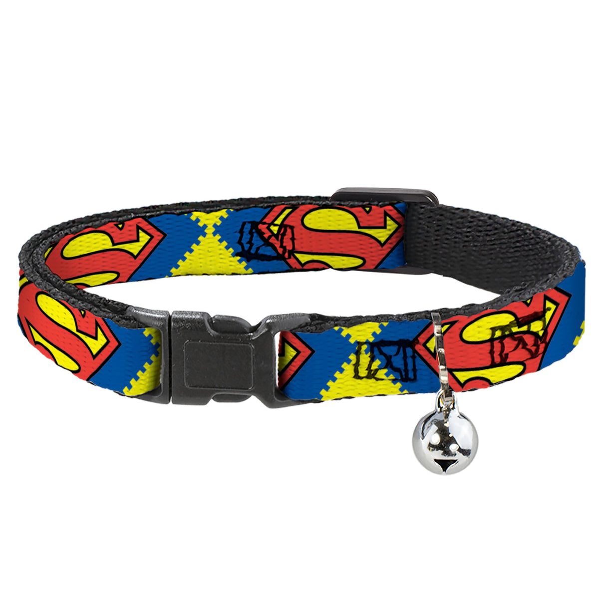 Cat Collar Breakaway - Jagged Superman Shield CLOSE-UP Yellow Blue Red Cat Collars Breakaway Side Release DC Comics