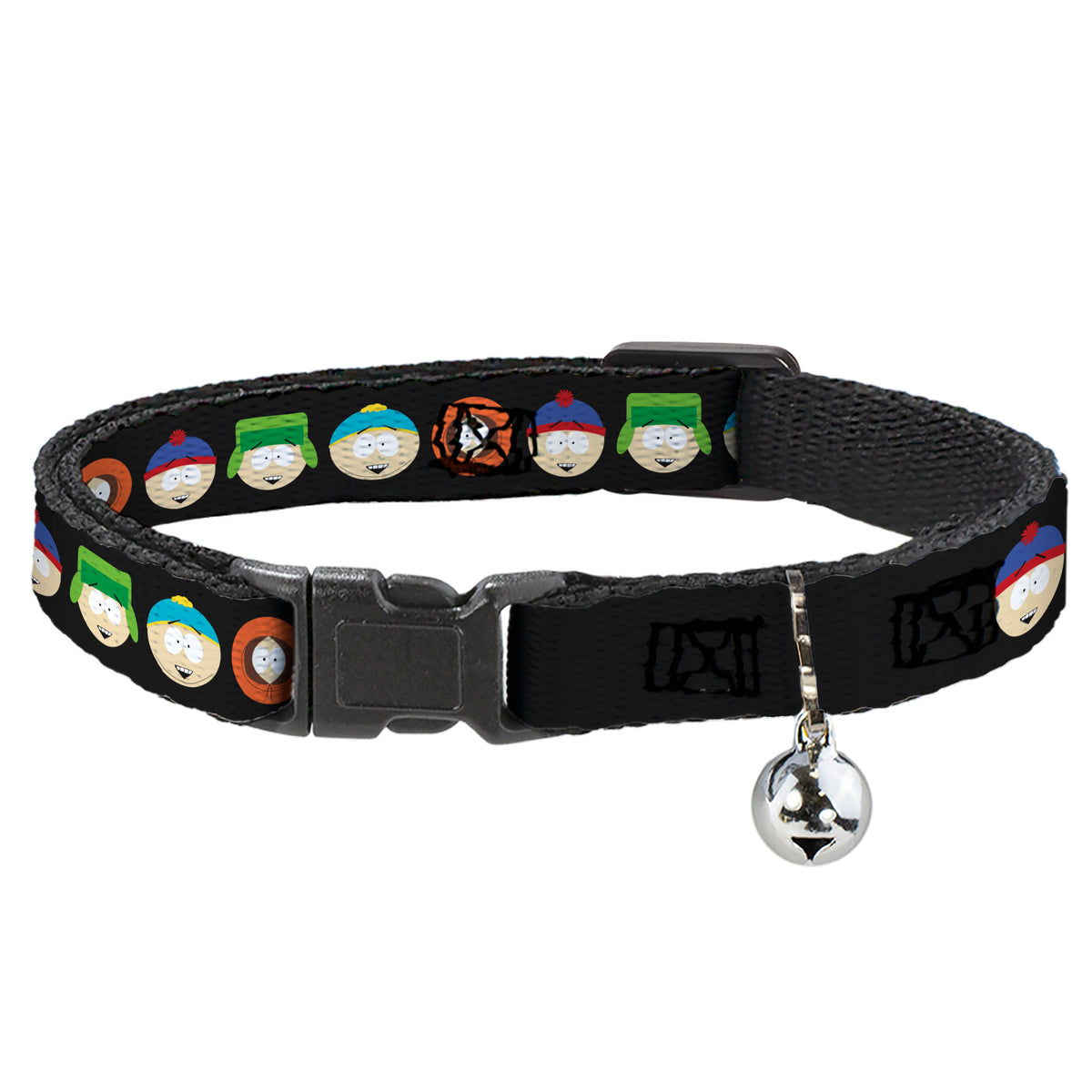 Breakaway Cat Collar with Bell - South Park Boys Face Repeat Black Cat Collars Breakaway Side Release South Park