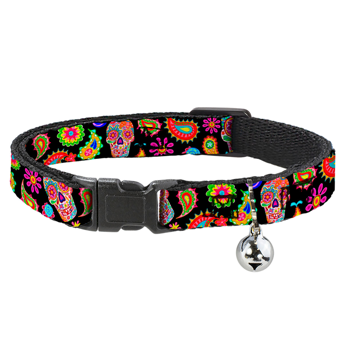 Cat Collar Breakaway with Bell - Bobo Sugar Skull Paisley Black Multi Color Cat Collars Breakaway Side Release Thaneeya McArdle