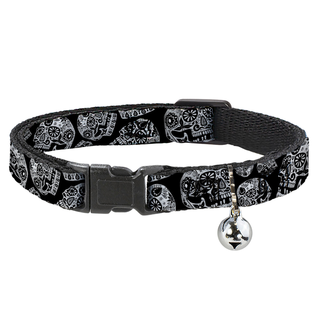 Cat Collar Breakaway with Bell - The Dust of Living II Sugar Skulls Black White Cat Collars Breakaway Side Release Thaneeya McArdle