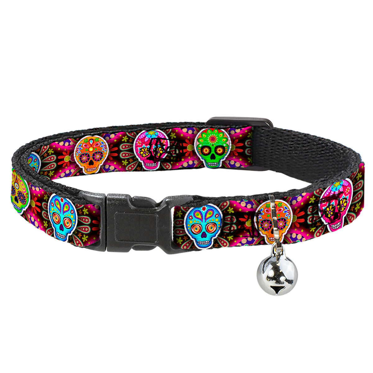 Cat Collar Breakaway with Bell - Six Sugar Skulls Multi Color Cat Collars Breakaway Side Release Thaneeya McArdle