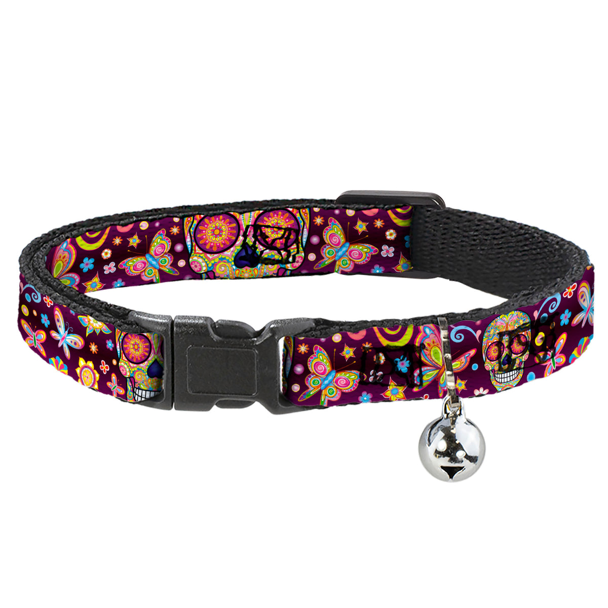 Cat Collar Breakaway with Bell - Mariposa Calaveras Butterflies Flowers Burgundy Multi Color Cat Collars Breakaway Side Release Thaneeya McArdle