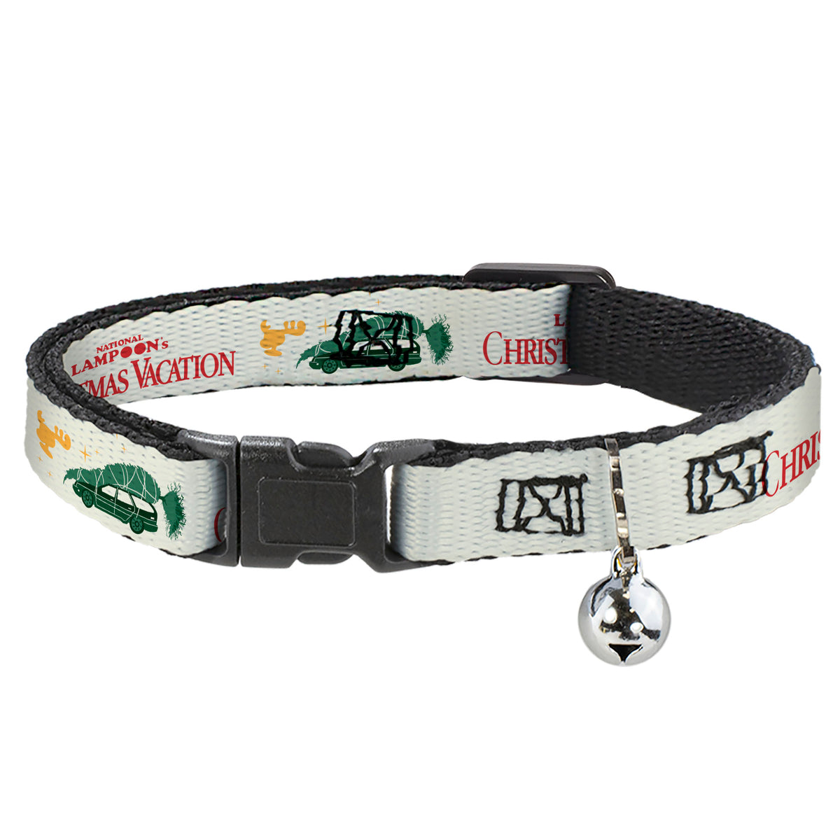 Breakaway Cat Collar with Bell - NATIONAL LAMPOON'S CHRISTMAS VACATION Title Logo Icons Collage White/Green/Red Cat Collars Breakaway Side Release National Lampoon's