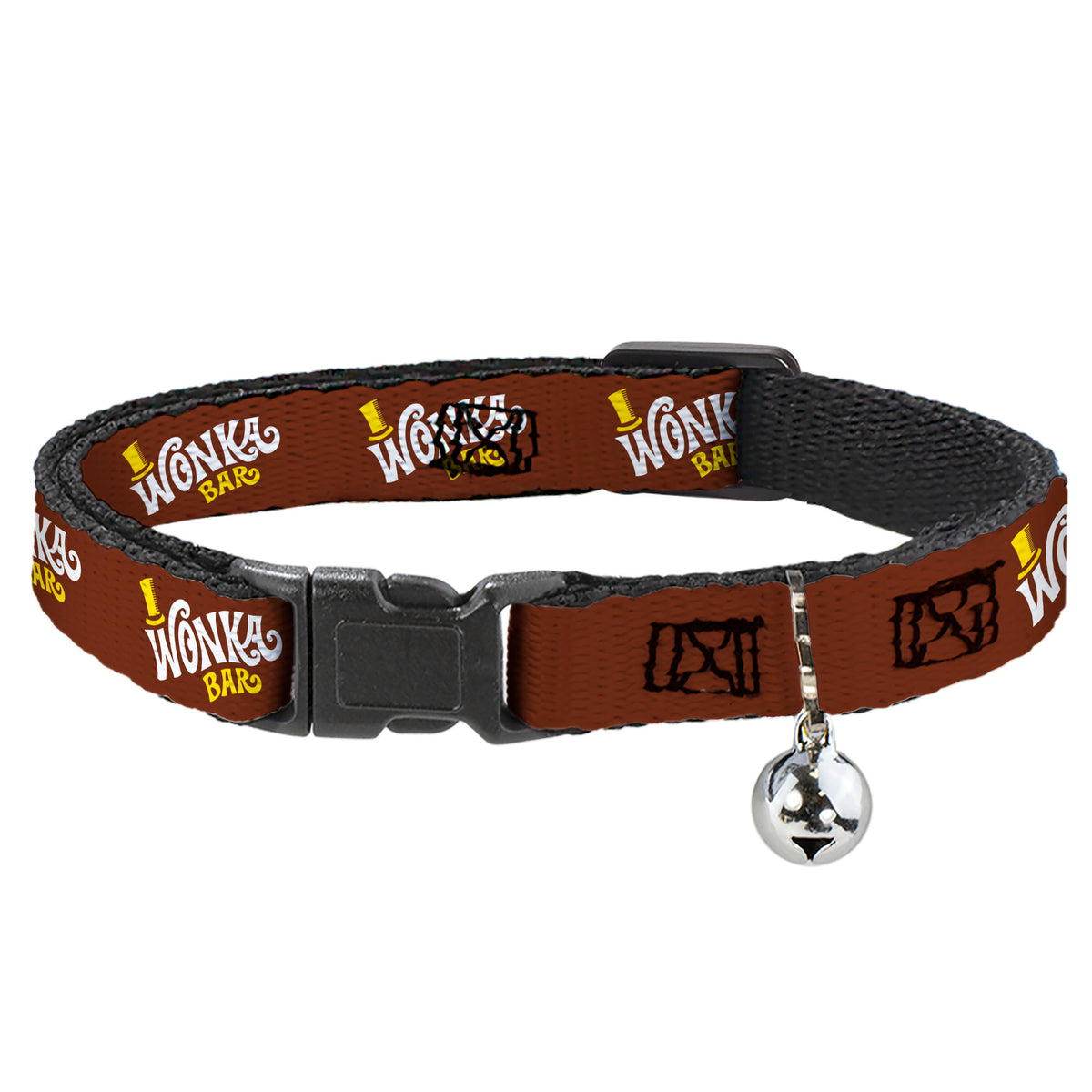 Breakaway Cat Collar with Bell - Willy Wonka and the Chocolate Factory WONKA BAR Logo Brown/Yellow/White Cat Collars Breakaway Side Release Willy Wonka and the Chocolate Factory