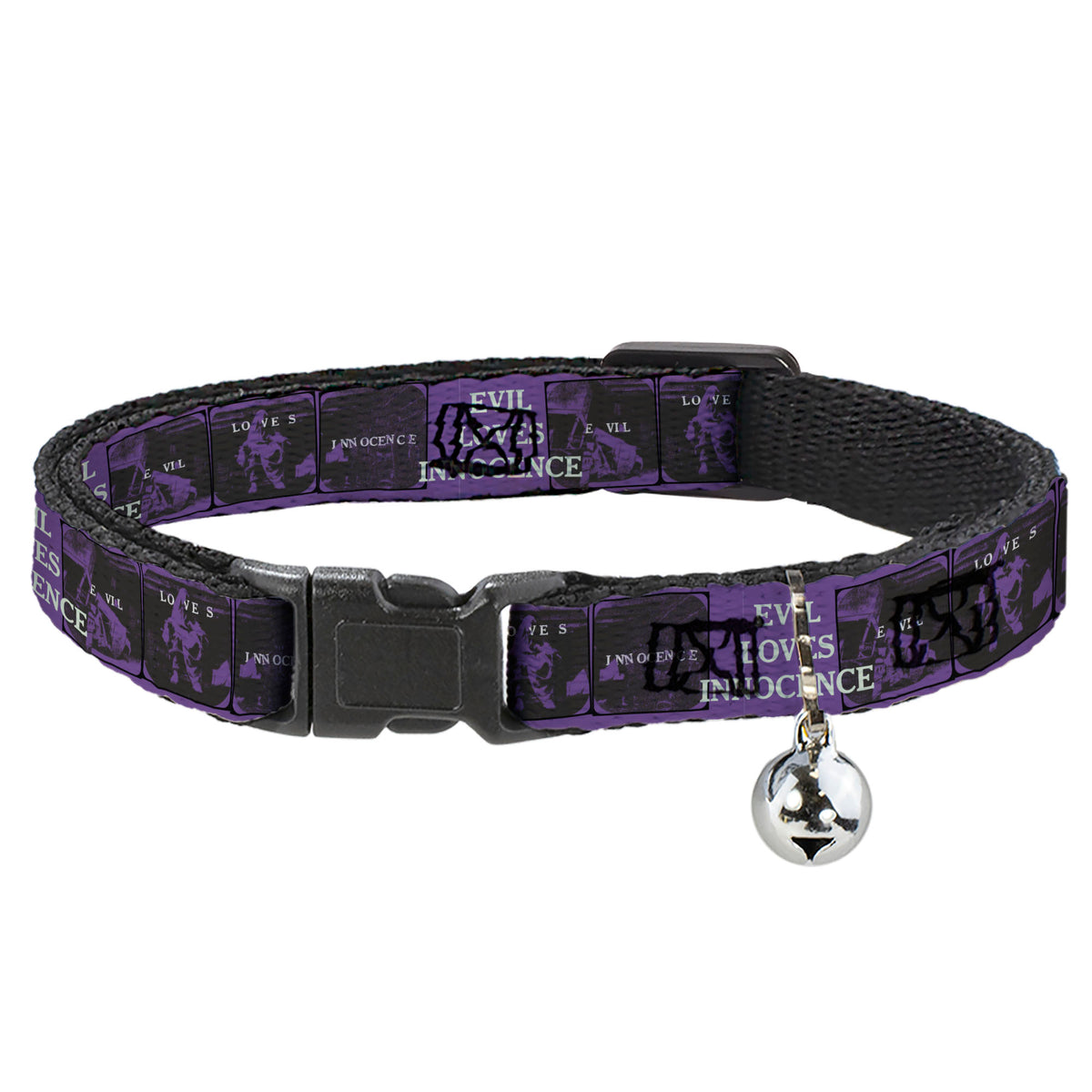 Breakaway Cat Collar with Bell - The Conjuring EVIL LOVES INNOCENCE Pose Blocks Purple/Black Cat Collars Breakaway Side Release The Conjuring