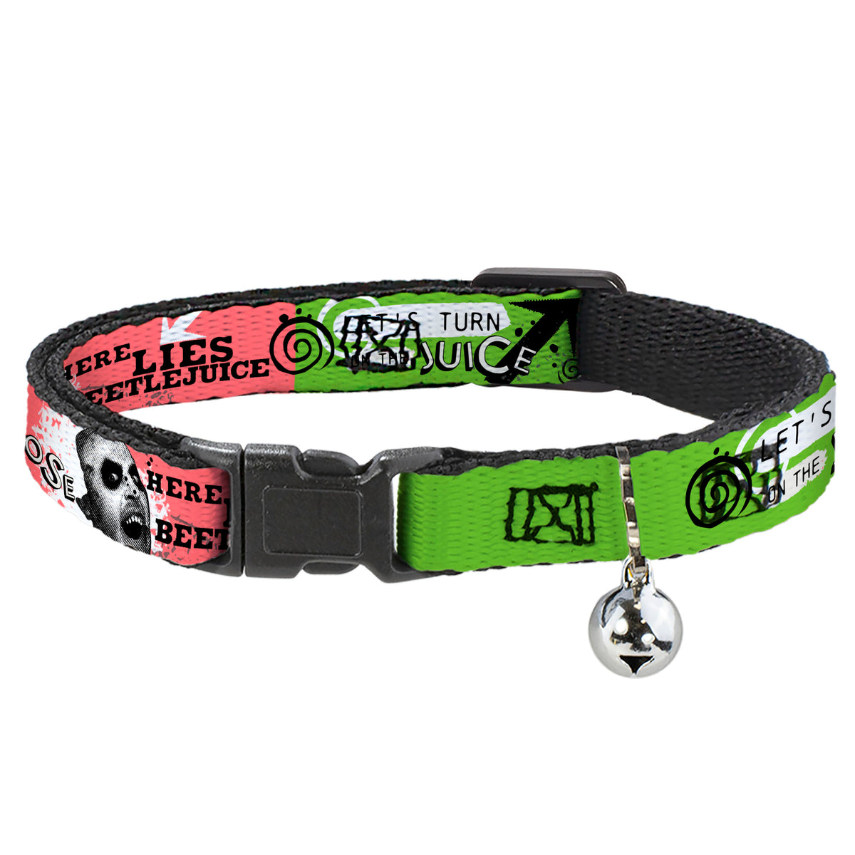 Breakaway Cat Collar with Bell - BEETLEJUICE Face and Quotes Collage Pink/Green/Black Cat Collars Breakaway Side Release Beetlejuice