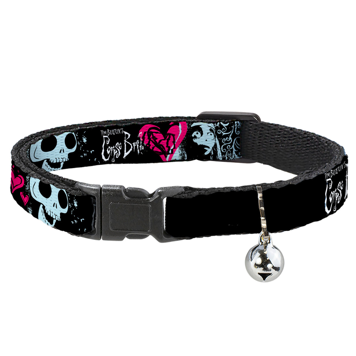 Breakaway Cat Collar with Bell - CORPSE BRIDE Emily Hearts and Skull Black/Gray/Pink Cat Collars Breakaway Side Release Corpse Bride
