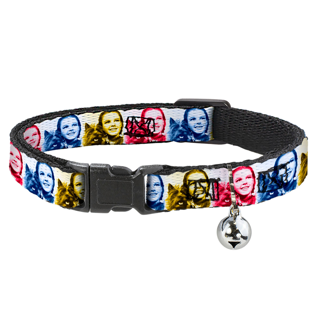 Breakaway Cat Collar with Bell - The Wizard of Oz Dorothy and Toto Pose Blocks Blues/Yellows/Reds Cat Collars Breakaway Side Release The Wizard of Oz
