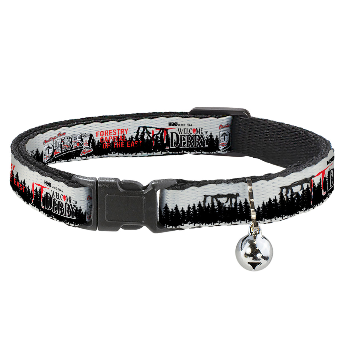 Breakaway Cat Collar with Bell - IT WELCOME TO DERRY Icons and Forest Scenery White/Black/Red Cat Collars Breakaway Side Release IT