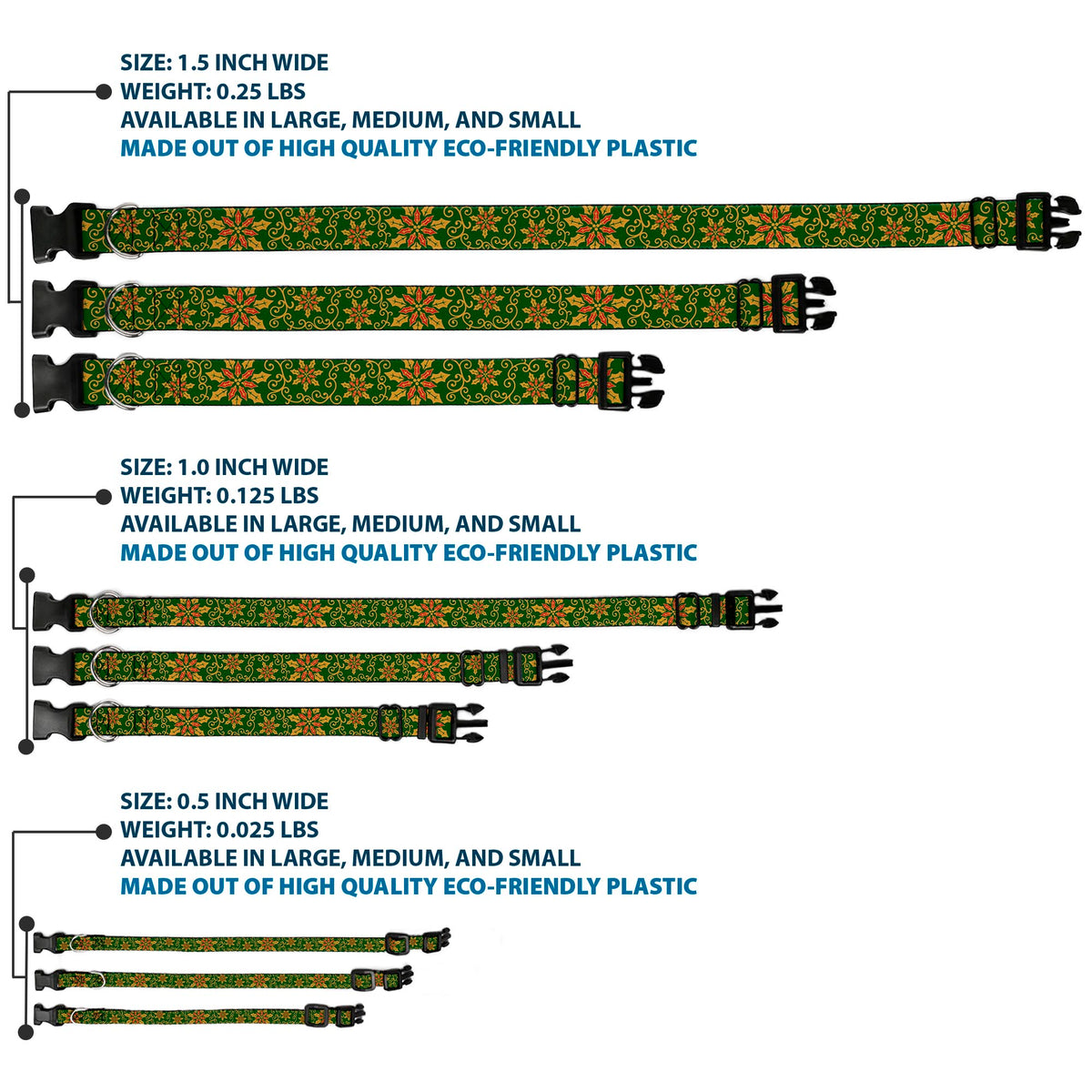 Plastic Clip Collar - Holiday Holly Green/Gold/Red Dog Collars Plastic Clip Side Release Buckle-Down