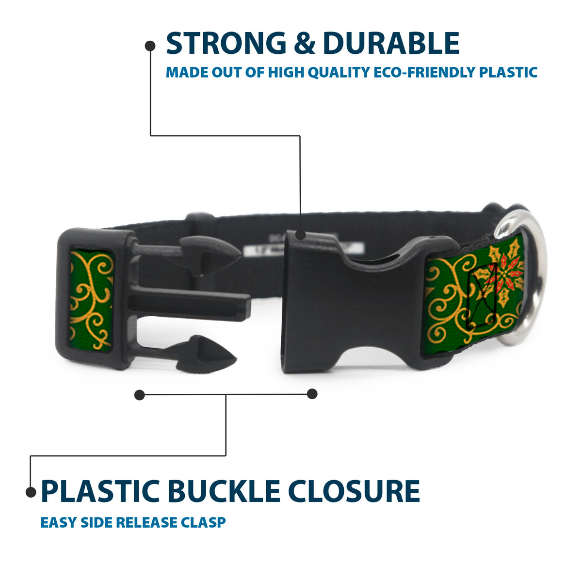 Plastic Clip Collar - Holiday Holly Green/Gold/Red Dog Collars Plastic Clip Side Release Buckle-Down