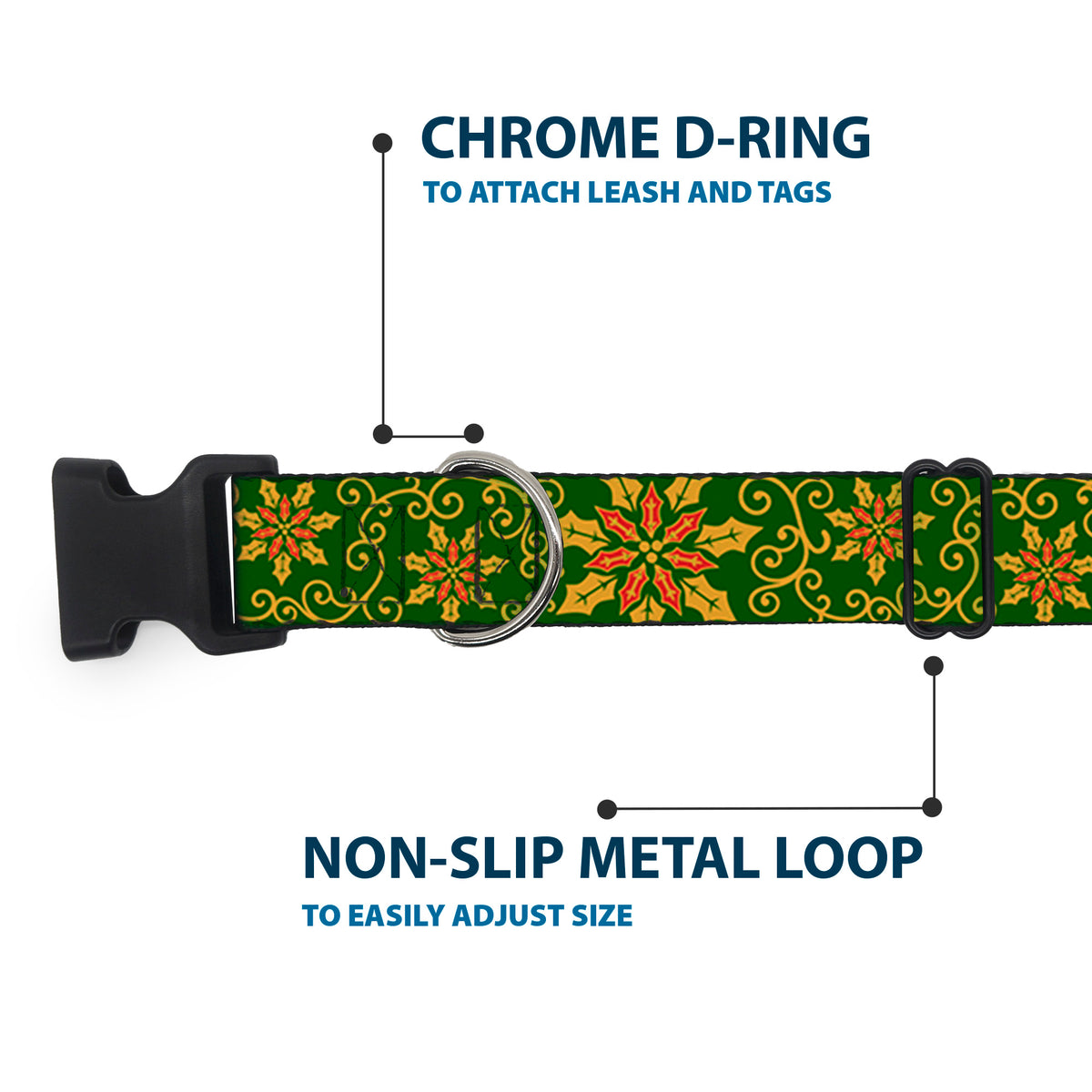 Plastic Clip Collar - Holiday Holly Green/Gold/Red Dog Collars Plastic Clip Side Release Buckle-Down
