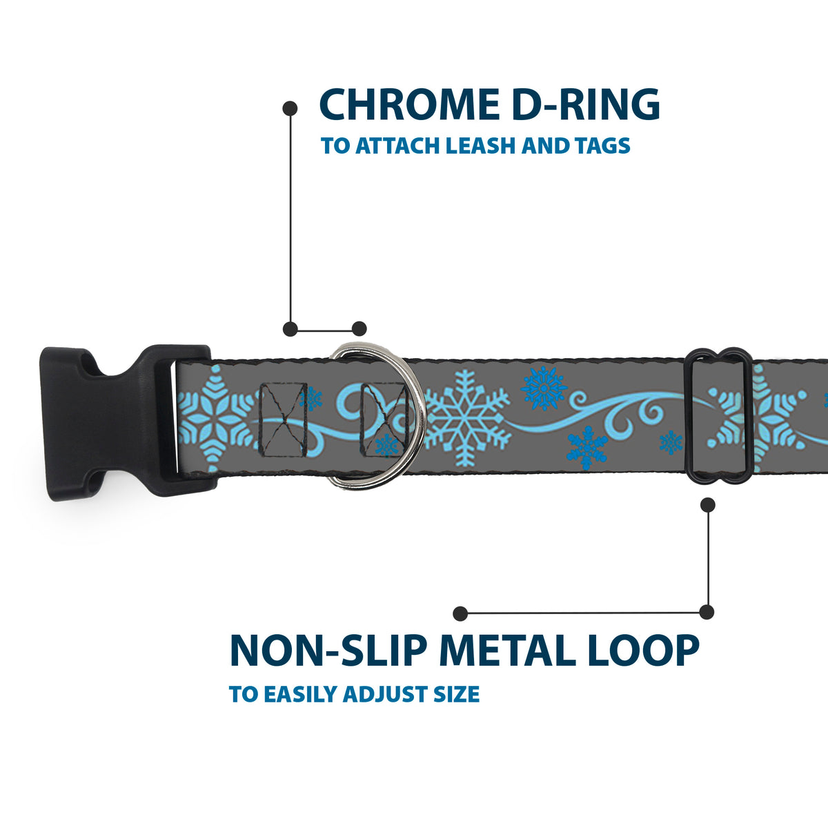 Plastic Clip Collar - Holiday Snowflakes Gray/Blue Dog Collars Plastic Clip Side Release Buckle-Down