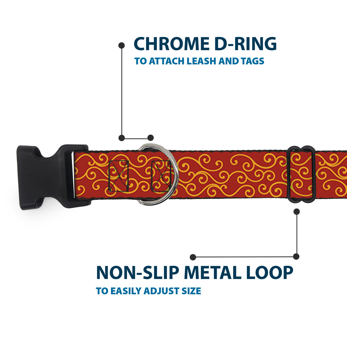 Plastic Clip Collar - Holiday Trim Swirls Red/Gold Dog Collars Plastic Clip Side Release Buckle-Down