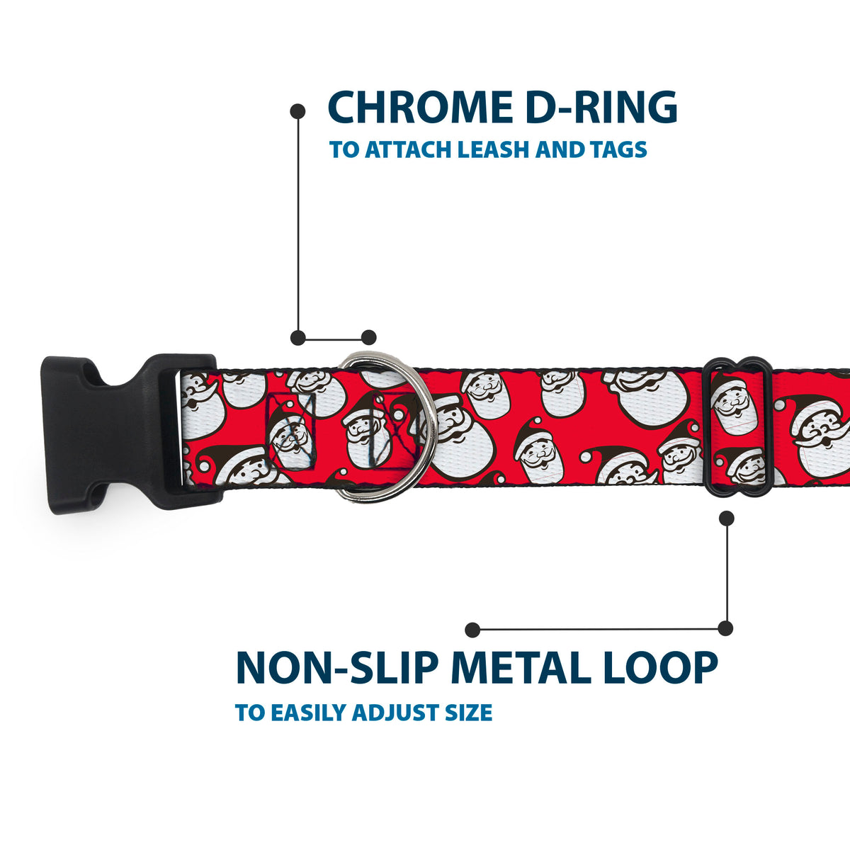 Plastic Clip Collar - Jolly Santa Claus Christmas Smiling Face Icon Red Dog Collars Plastic Clip Side Release Buckle-Down