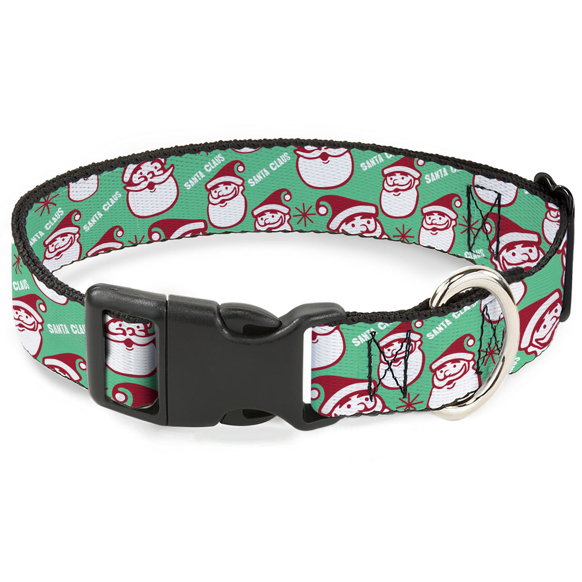 Plastic Clip Collar - Jolly SANTA CLAUS Christmas Smiling Face Icon and Text Green/Red/White Dog Collars Plastic Clip Side Release Buckle-Down