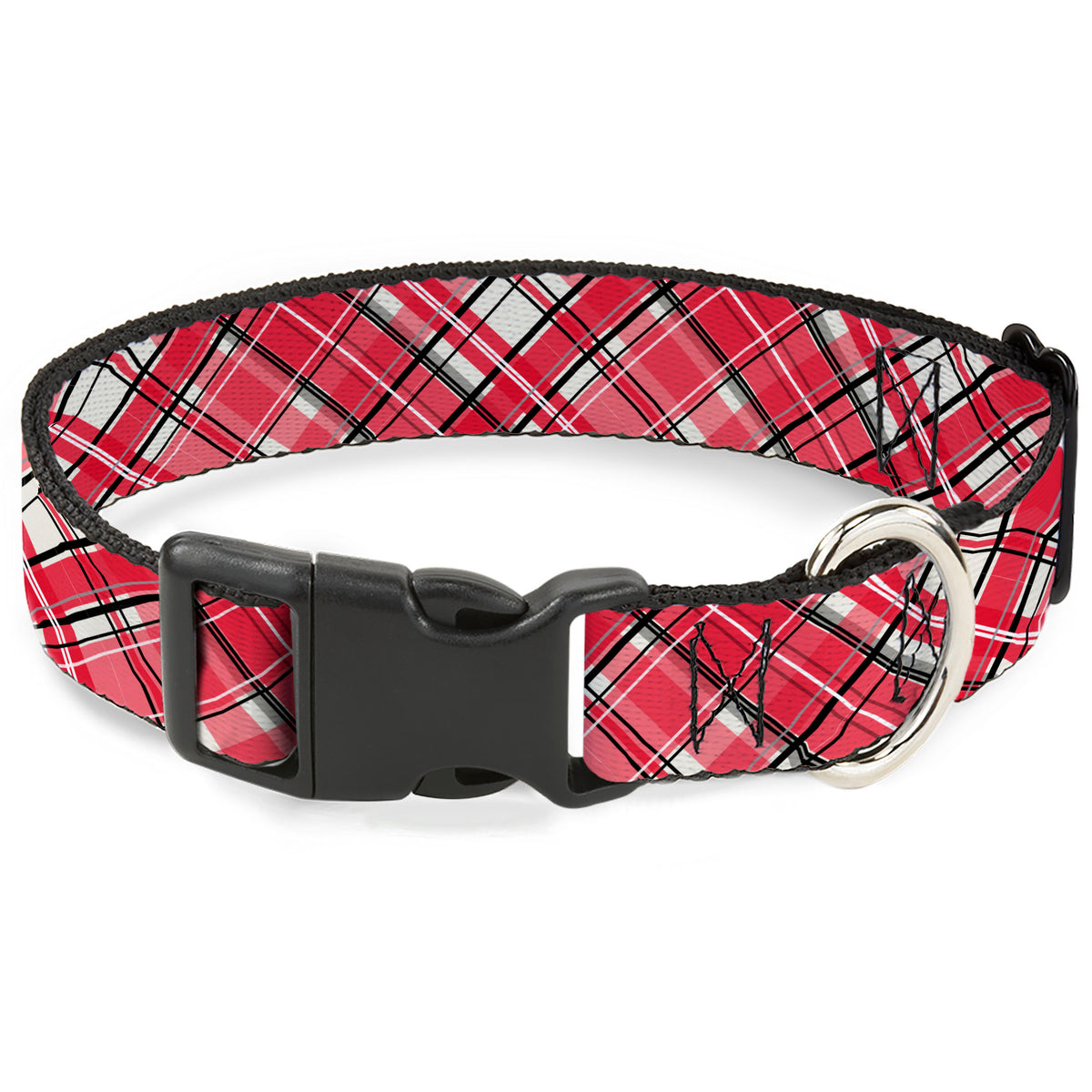 Plastic Clip Collar - Holiday Christmas Plaid Diagonal White/Red/Black Dog Collars Plastic Clip Side Release Buckle-Down