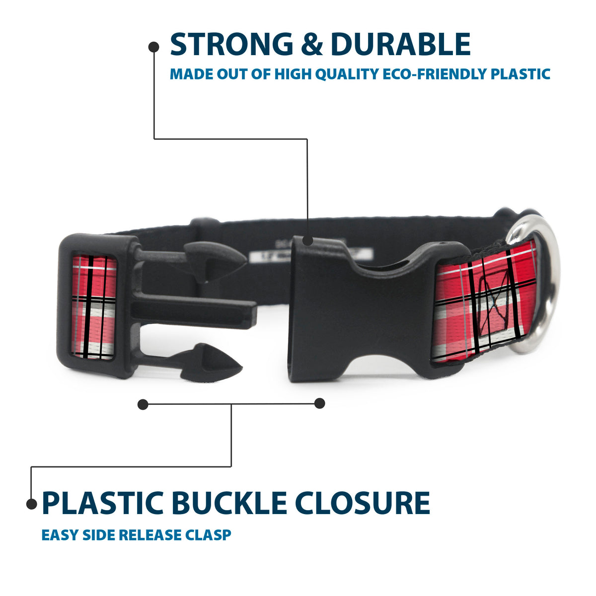 Plastic Clip Collar - Holiday Christmas Plaid Red/White/Black Dog Collars Plastic Clip Side Release Buckle-Down