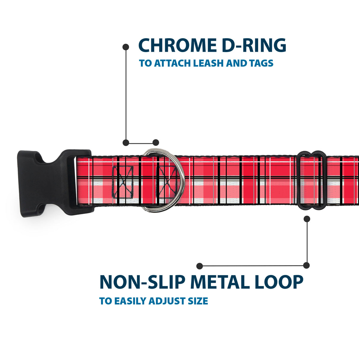 Plastic Clip Collar - Holiday Christmas Plaid Red/White/Black Dog Collars Plastic Clip Side Release Buckle-Down