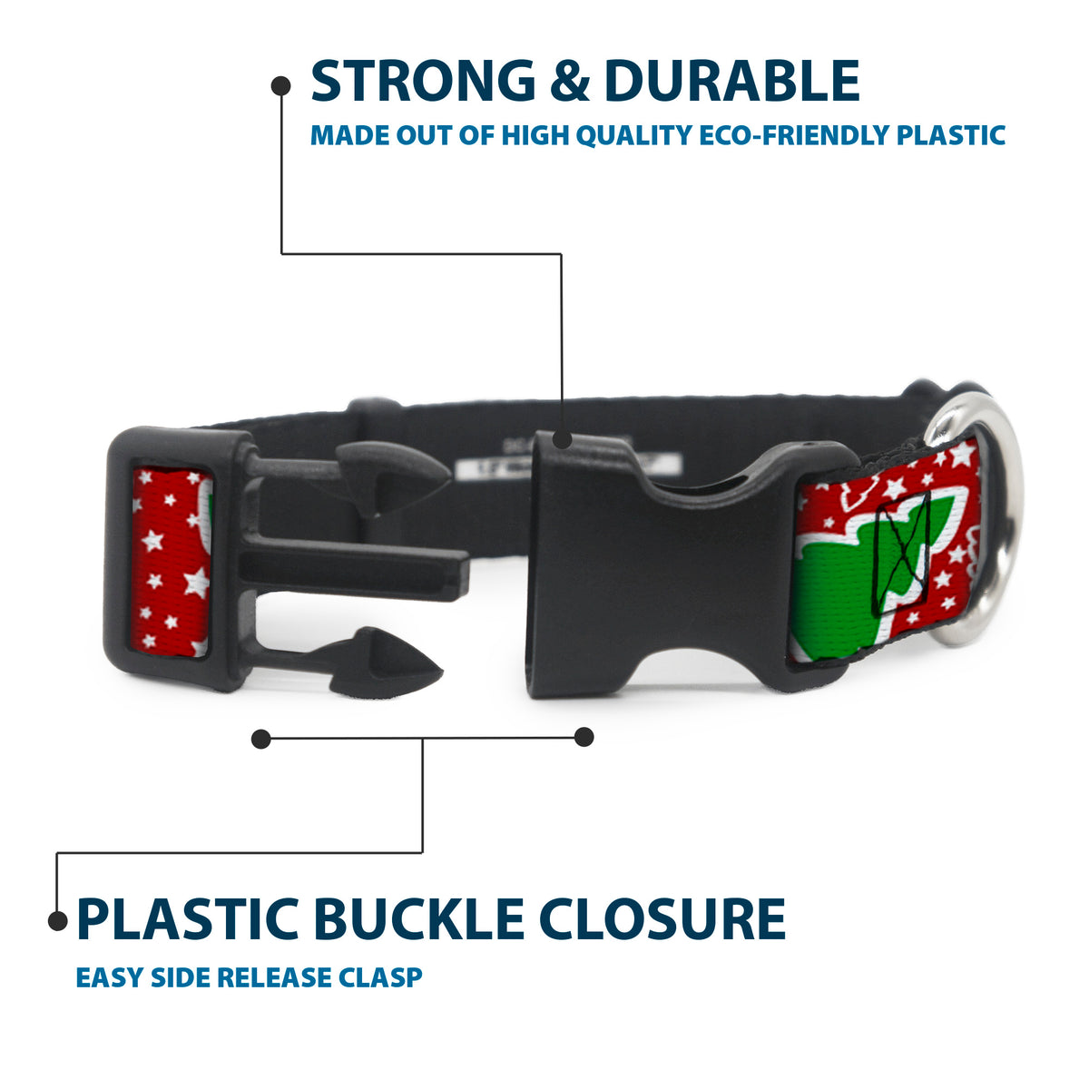 Plastic Clip Collar - Christmas Trees/Stars Red/White/Green Dog Collars Plastic Clip Side Release Buckle-Down