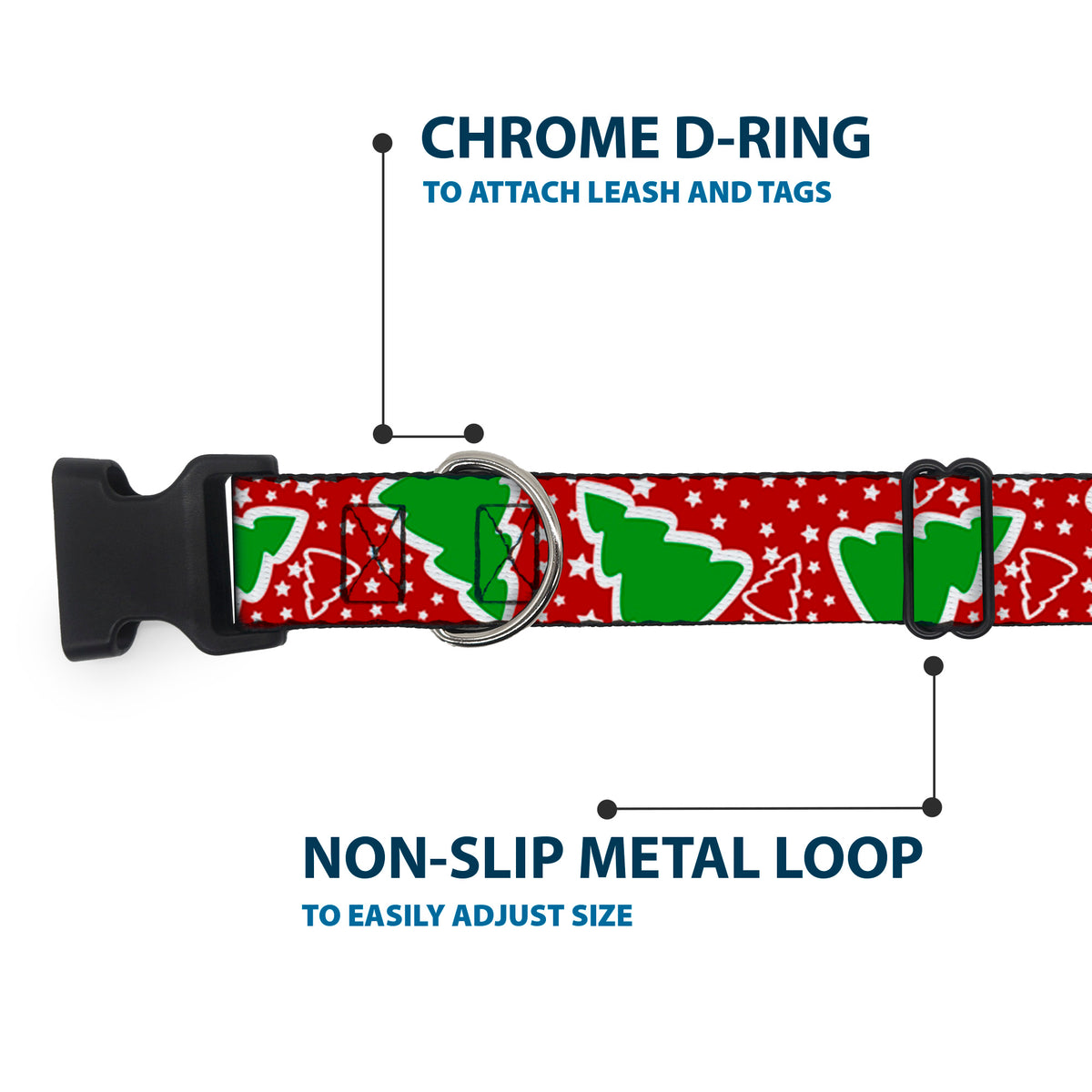 Plastic Clip Collar - Christmas Trees/Stars Red/White/Green Dog Collars Plastic Clip Side Release Buckle-Down