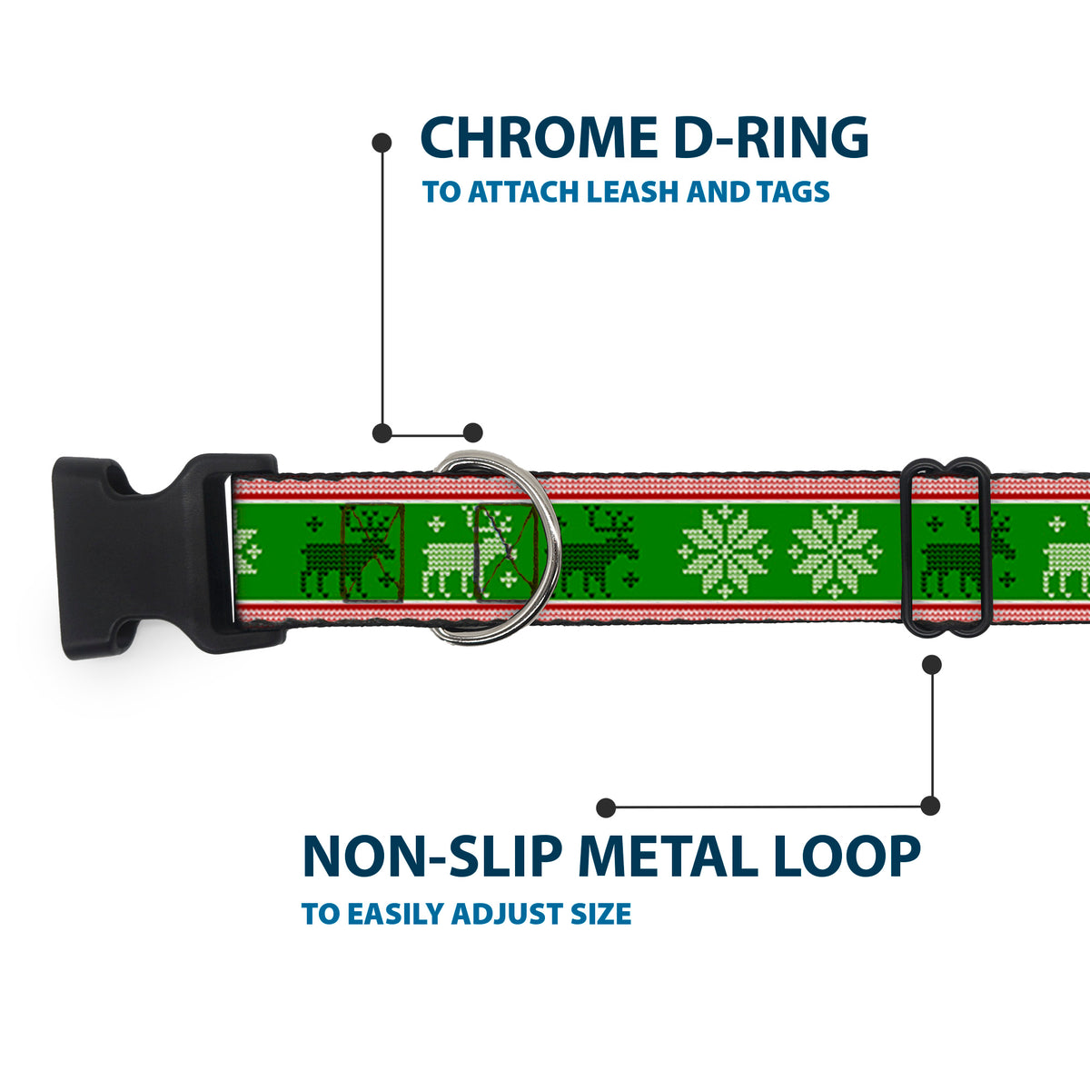Plastic Clip Collar - Christmas Stitch Moose/Snowflakes Red/Green Dog Collars Plastic Clip Side Release Buckle-Down