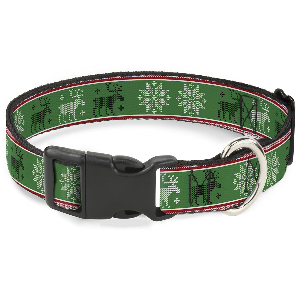 Plastic Clip Collar - Christmas Stitch Moose/Snowflakes Red/Green Dog Collars Plastic Clip Side Release Buckle-Down