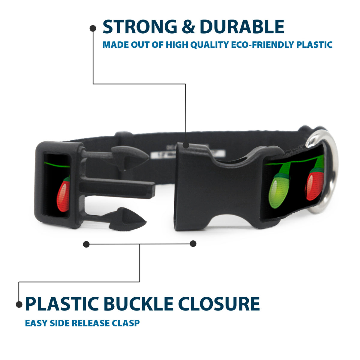 Plastic Clip Collar - Christmas Lights Black/Multi Color Dog Collars Plastic Clip Side Release Buckle-Down