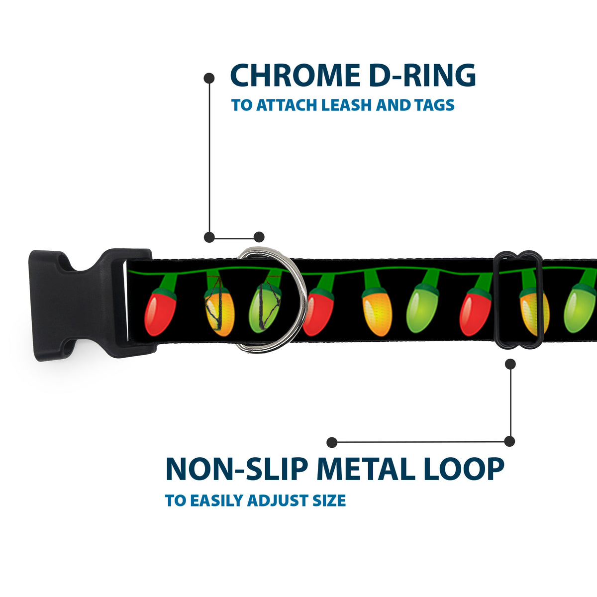 Plastic Clip Collar - Christmas Lights Black/Multi Color Dog Collars Plastic Clip Side Release Buckle-Down