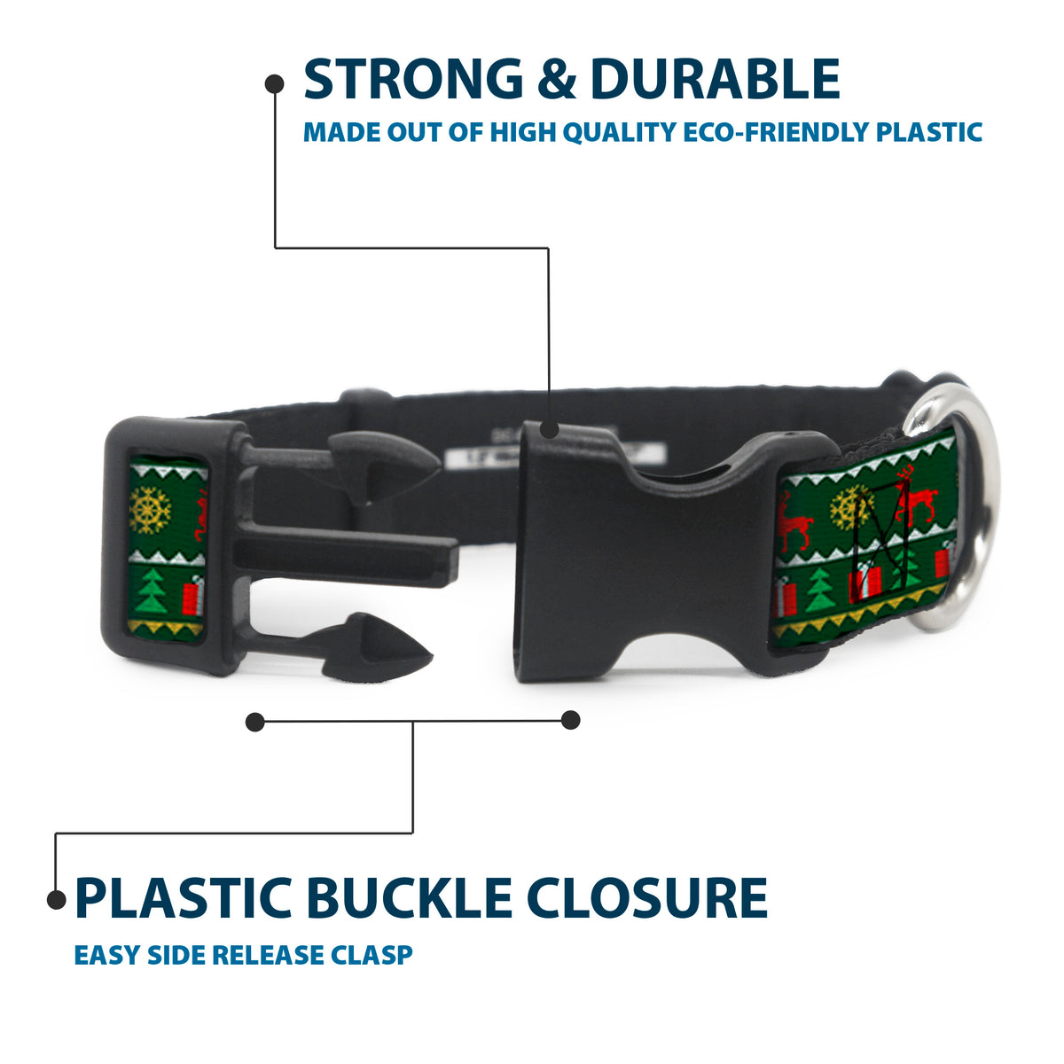 Plastic Clip Collar - Christmas Sweater Stitch Green/White/Gold/Red Dog Collars Plastic Clip Side Release Buckle-Down