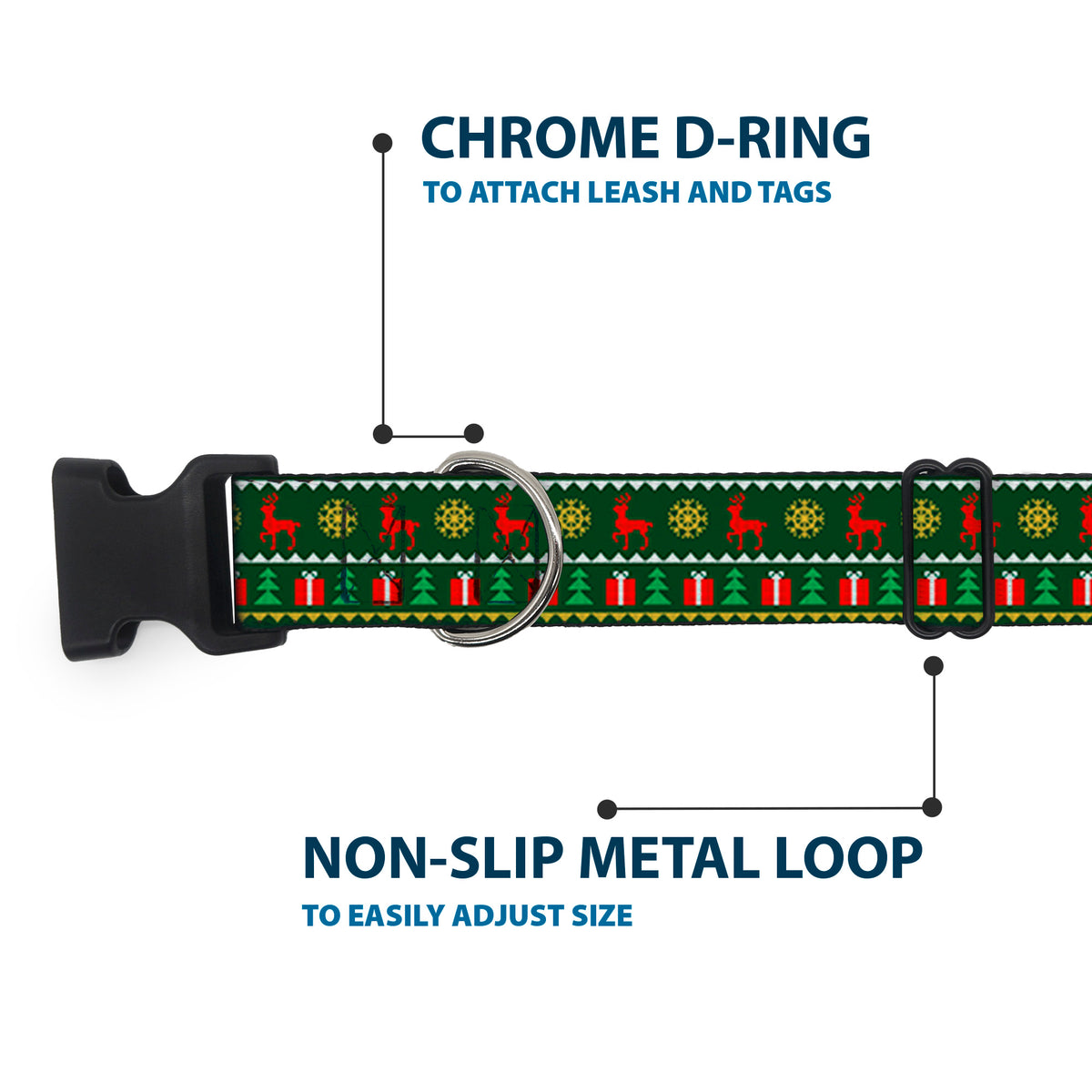 Plastic Clip Collar - Christmas Sweater Stitch Green/White/Gold/Red Dog Collars Plastic Clip Side Release Buckle-Down