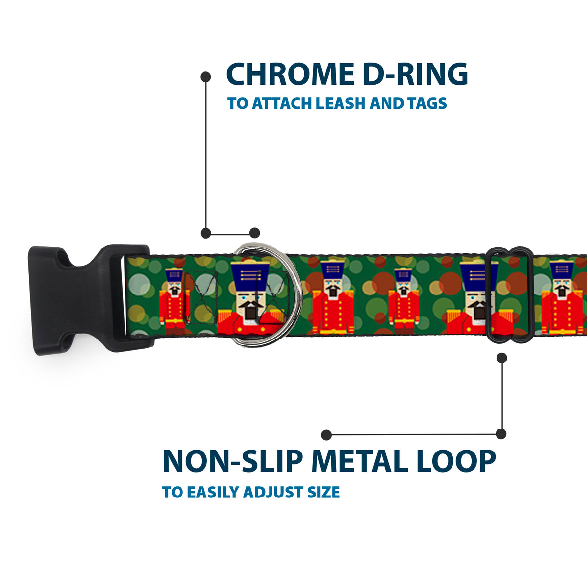 Plastic Clip Collar - Christmas Nutcracker/Polka Dots Greens/Gold/Red Dog Collars Plastic Clip Side Release Buckle-Down