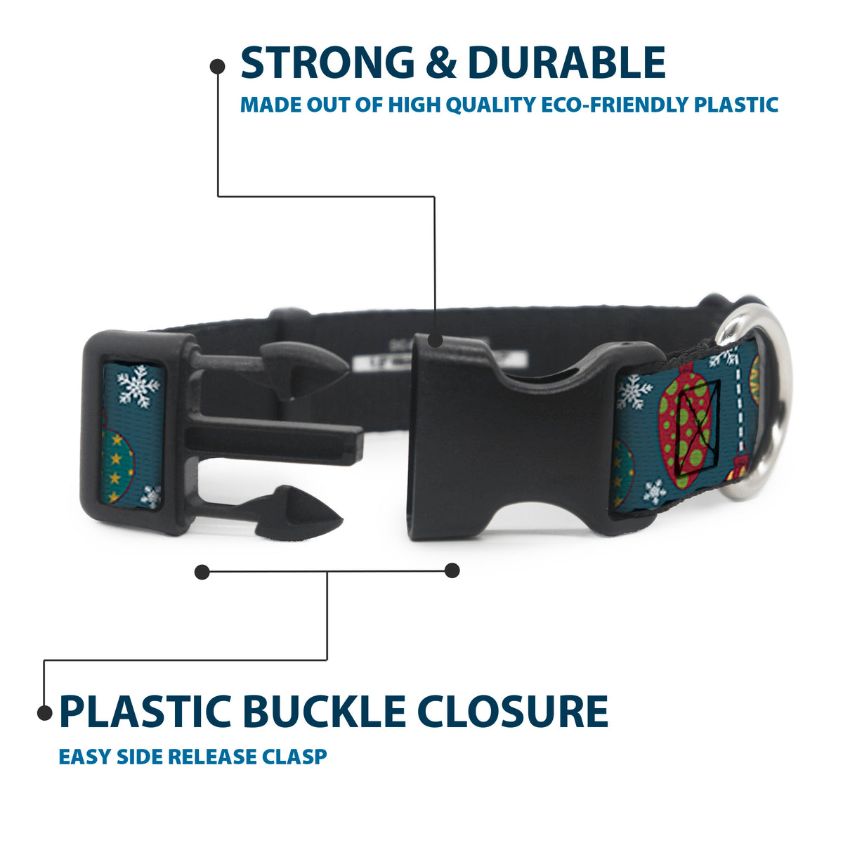Plastic Clip Collar - Christmas Ornaments/Snowflakes Blue/White/Multi Color Dog Collars Plastic Clip Side Release Buckle-Down