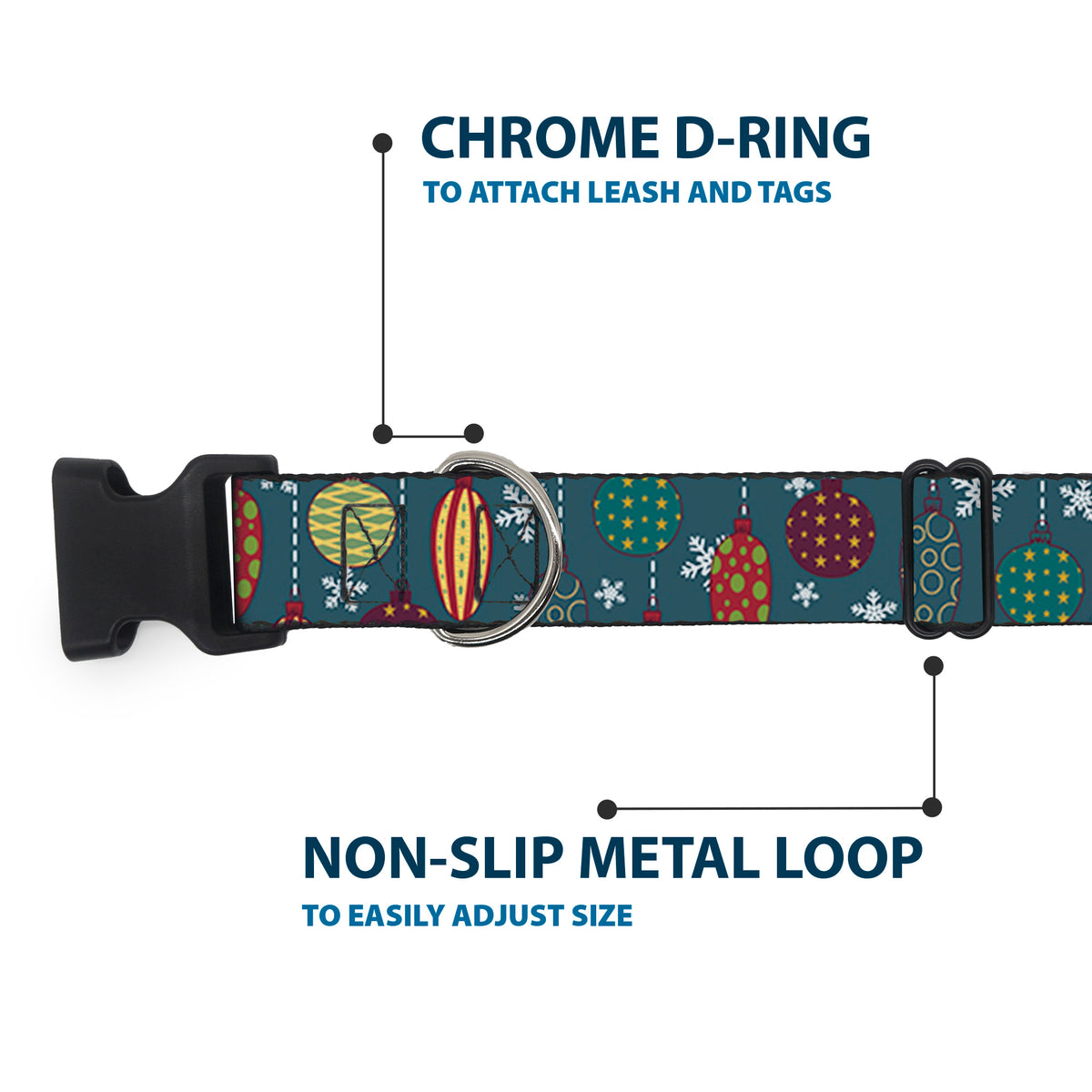 Plastic Clip Collar - Christmas Ornaments/Snowflakes Blue/White/Multi Color Dog Collars Plastic Clip Side Release Buckle-Down