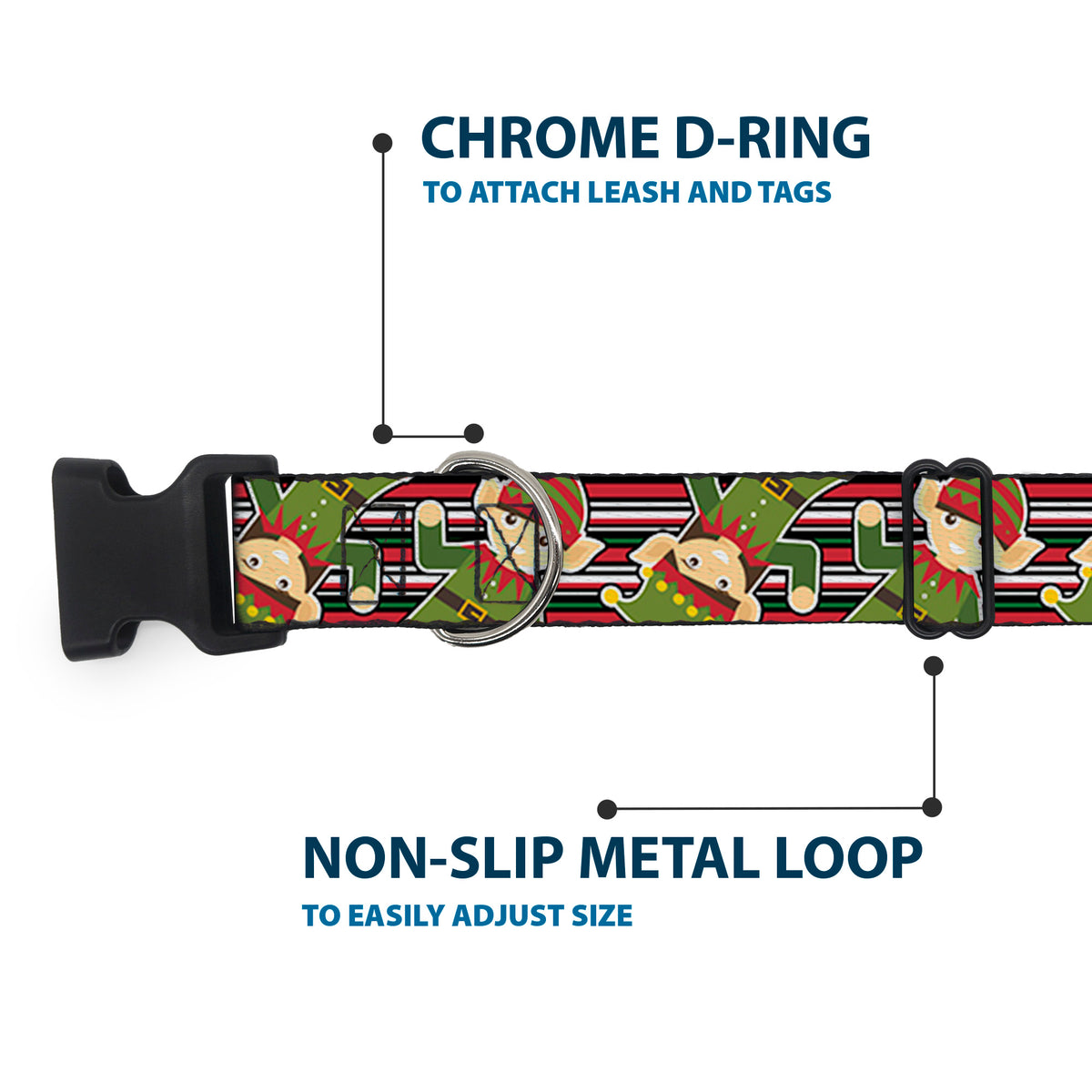 Plastic Clip Collar - Christmas Elves/Stripes Black/Red/White/Green Dog Collars Plastic Clip Side Release Buckle-Down
