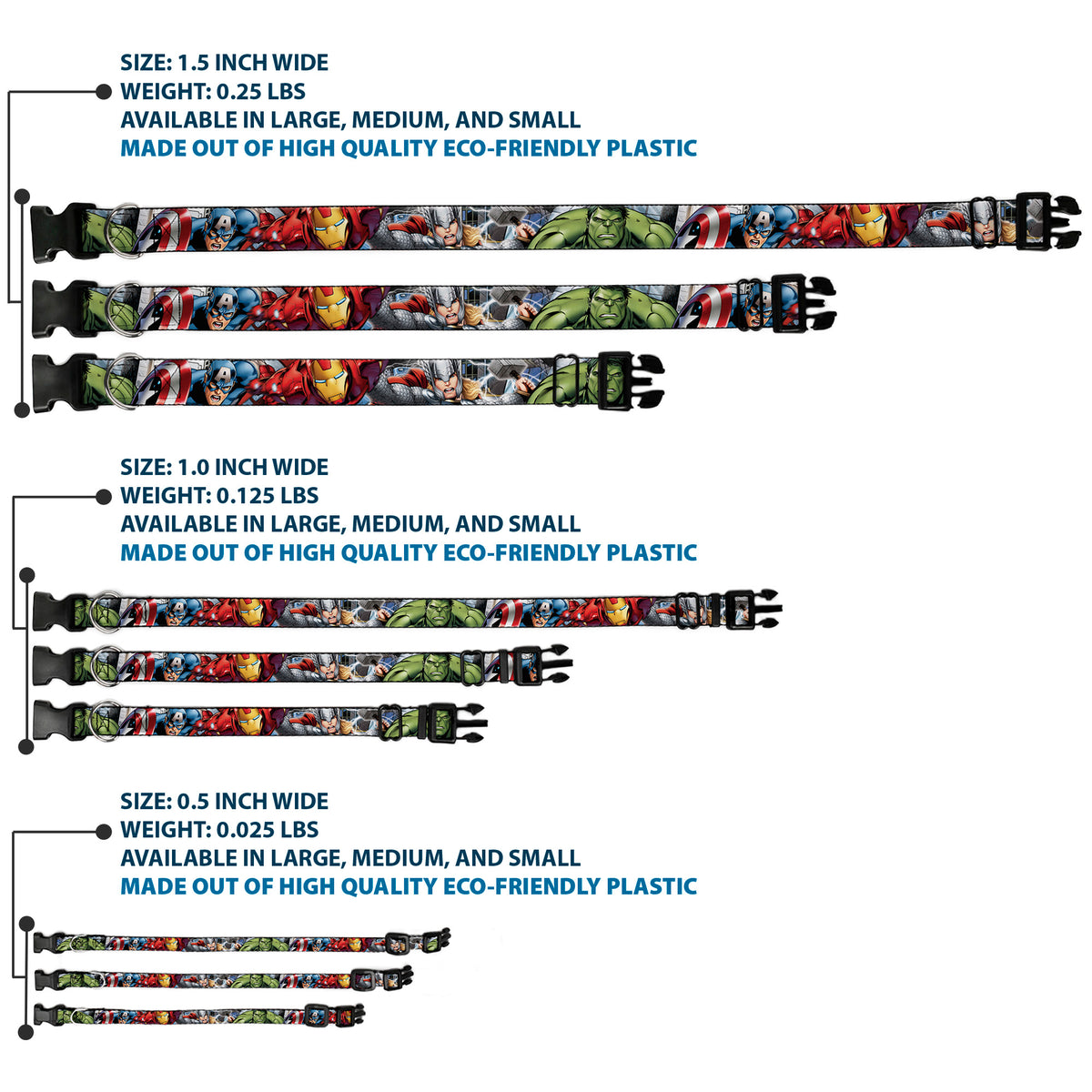 Plastic Clip Collar - Marvel Avengers 4-Superhero Poses CLOSE-UP Dog Collars Plastic Clip Side Release Marvel Comics