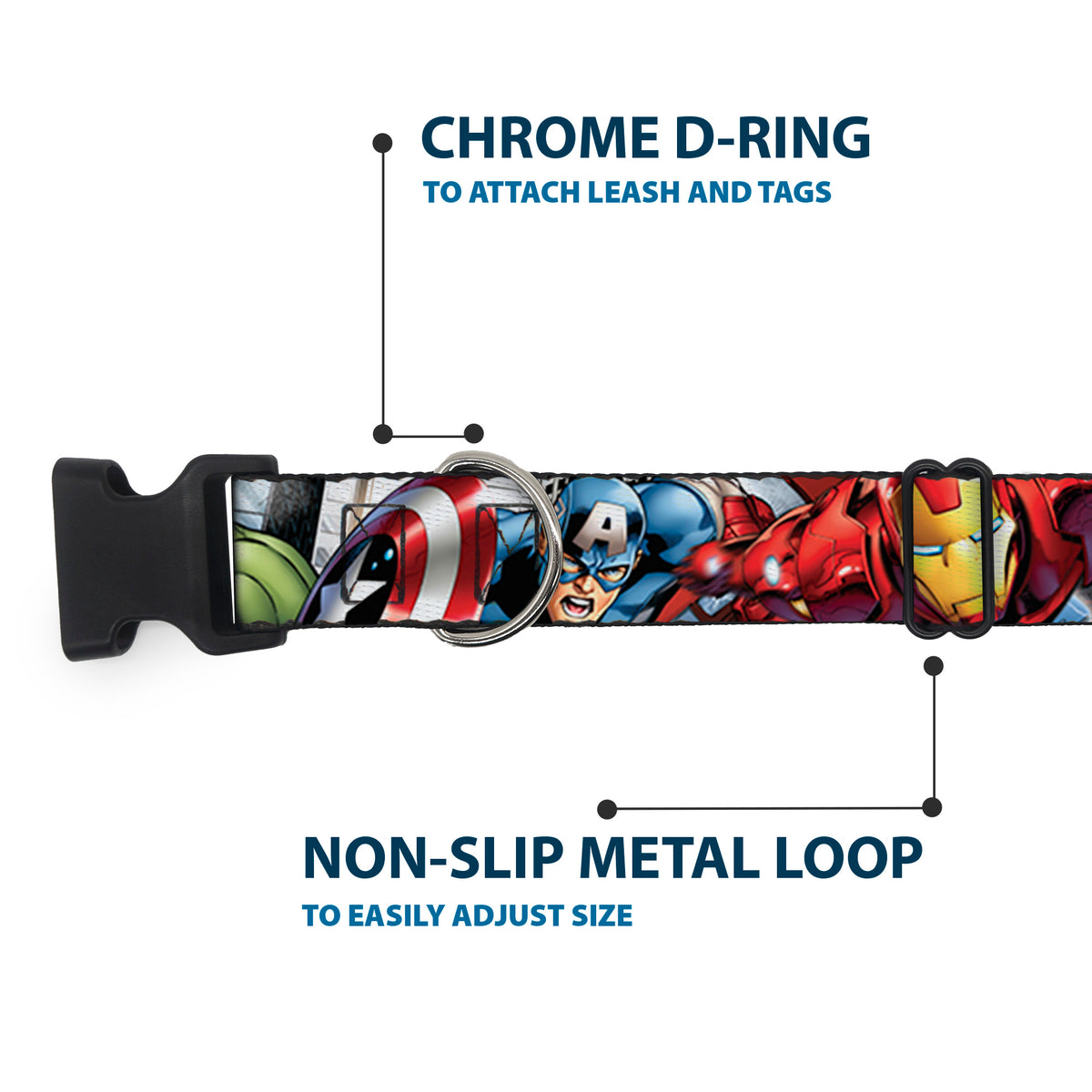 Plastic Clip Collar - Marvel Avengers 4-Superhero Poses CLOSE-UP Dog Collars Plastic Clip Side Release Marvel Comics