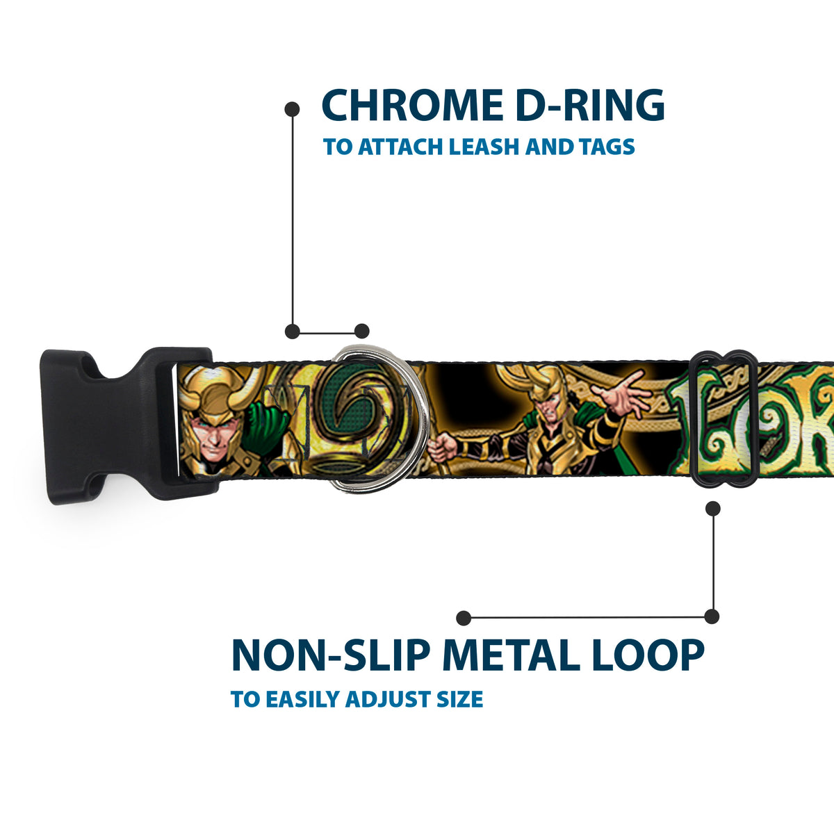Plastic Clip Collar - LOKI Poses Black/Gold/Green Dog Collars Plastic Clip Side Release Marvel Comics