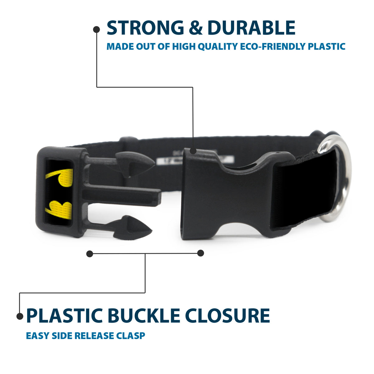Plastic Clip Collar - Batman Shield Black/Yellow Dog Collars Plastic Clip Side Release DC Comics