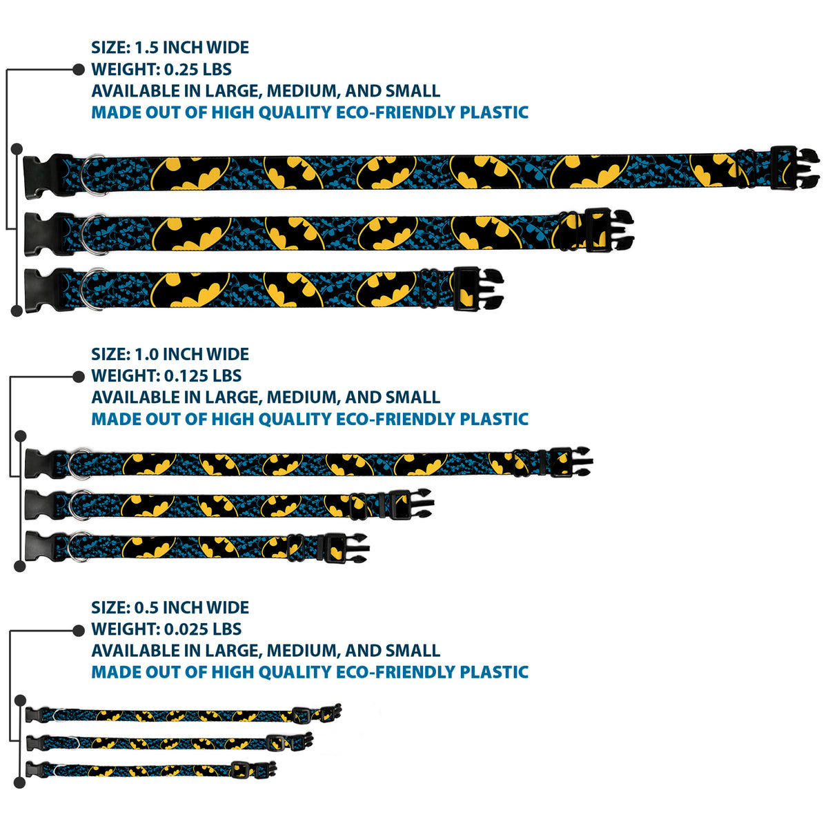 Plastic Clip Collar - Bat Signals Stacked w/CLOSE-UP Blue/Black/Yellow Dog Collars Plastic Clip Side Release DC Comics