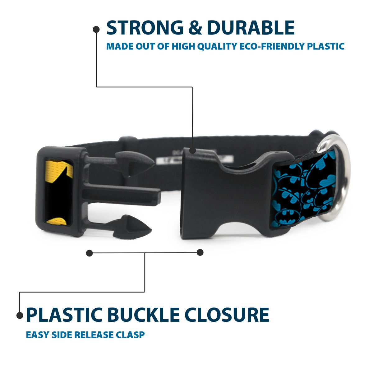 Plastic Clip Collar - Bat Signals Stacked w/CLOSE-UP Blue/Black/Yellow Dog Collars Plastic Clip Side Release DC Comics